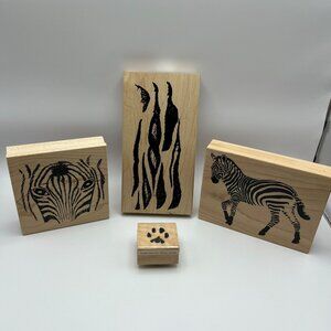 Zebra & Animal Print Rubber Stamp Set - 4-Piece Wooden Stamps For Crafts & Scrap